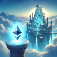 the ethereum logo is on top of a castle in the sky